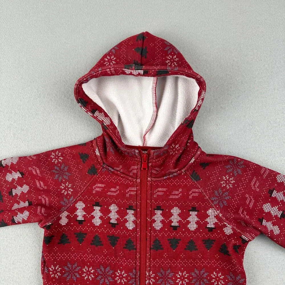 Fabletics Jumpsuit Kids 3T Red Fair Isle Snowman Hooded Fleece Romper OY2500505
